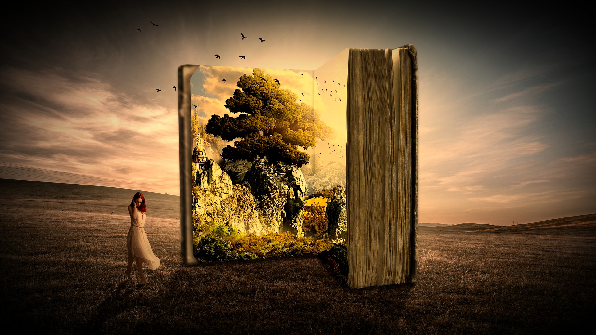 Traumartige Fantasy-Landschaft mit einem riesigen Buch und einer nachdenklichen Frau im weißen Kleid